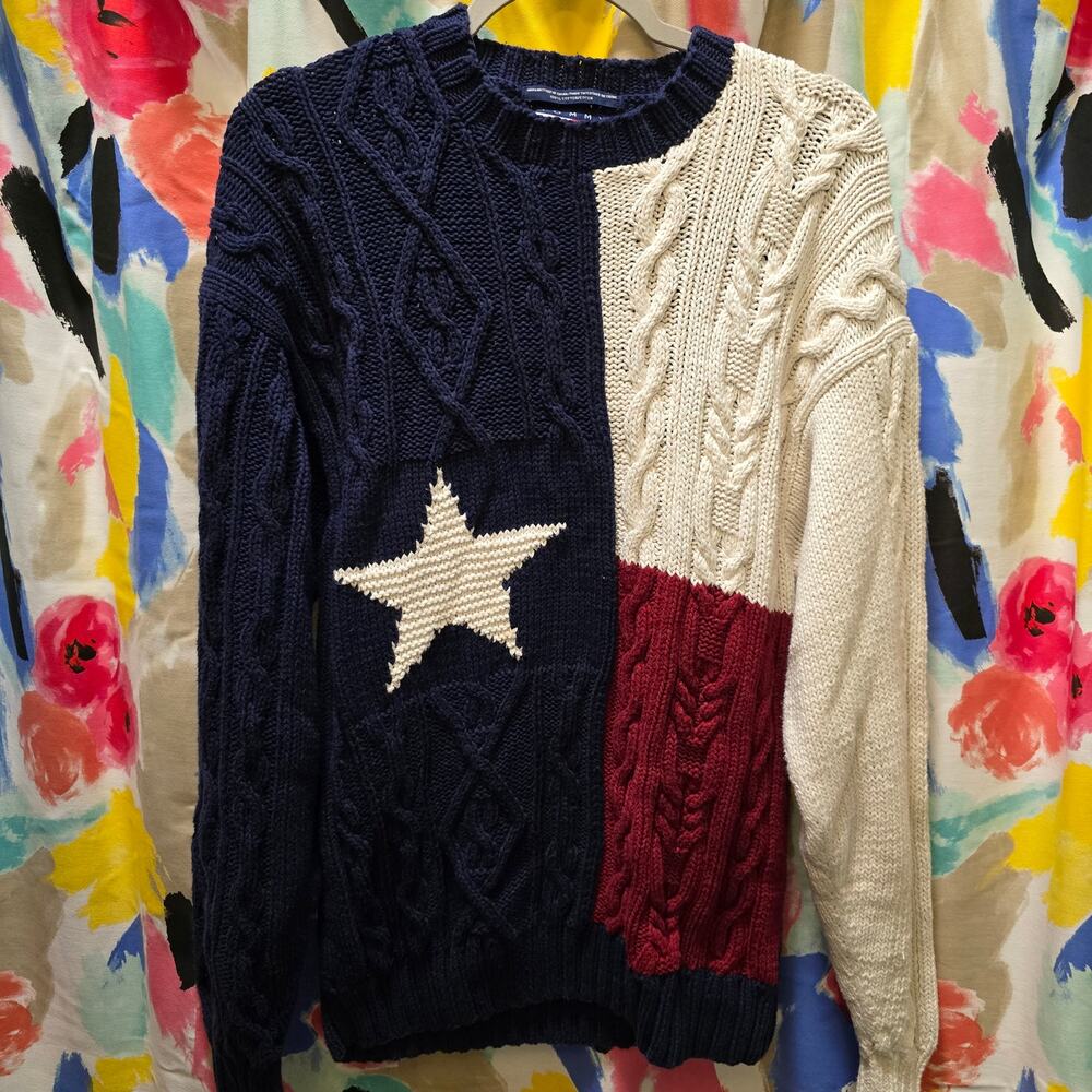 Vintage Tommy Hilfiger Texas flag cotton‎ chunky cable hand knit mens sweater XL